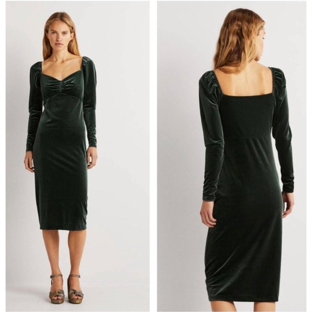 Boden Womens Forest Green Velvet Ruched Sweetheart Midi Dress Size 10 NEW‎